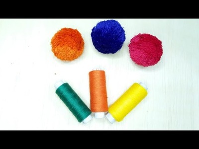 Super Easy Pom Pom Flower Craft Idea With Silk Thread.Hand Embroidery Flower Design Trick _DIY Trick
