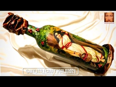 Bottle art with lady, Ravi Varma painting, 3D clay art, bottle decoration ideas