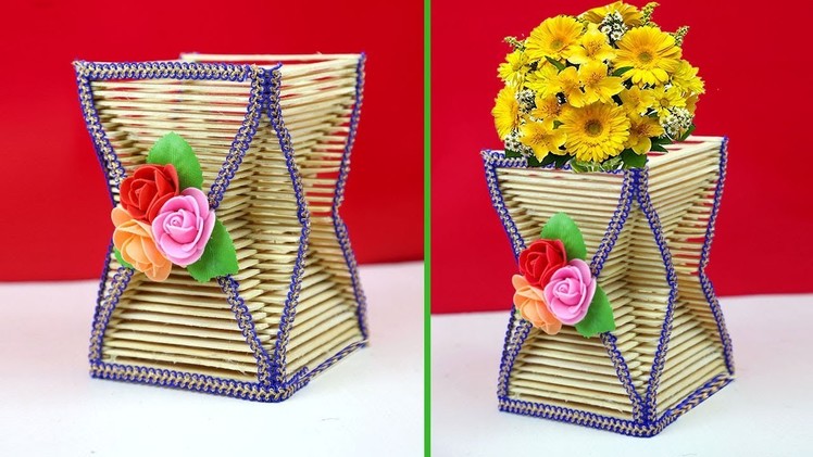 How To Make Popsicle Stick Flower Vase Easy || Simple Popsicle Stick Crafts for Home Decor