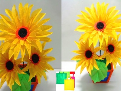 How to Make Sun flowers Using Old Shopping Bag - DIY Making Sunflowers of Shopping Bag