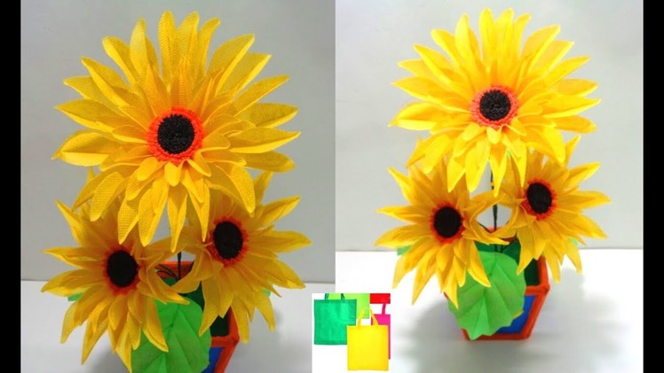 How to Make Sun flowers Using Old Shopping Bag - DIY Making Sunflowers of Shopping Bag