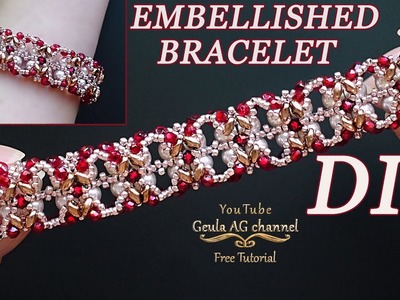 Embellished Beaded Bracelet with Super-Duo Beads. Pearl & Crystal DIY Beaded Jewelry