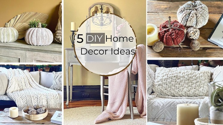 5 Fall Decor DIY:Knitted Pumpkins, Chalk paint furniture,hand knit blanket & Seed stitch pillow|ASMR