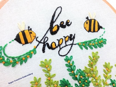 Bee Happy Embroidery Hoop Art. Embroidery for Beginners. Bee Embroidery Hoop.Bee Design Tutorial