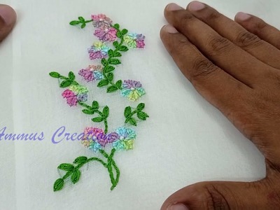 Designer Saree with Lazy daisy stitch | Hand embroidery design for beginners | White colour saree