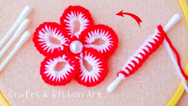 Super Easy Woolen Flower Craft Ideas with Cotton Bud - Hand Embroidery Amazing Trick - Sewing Hack