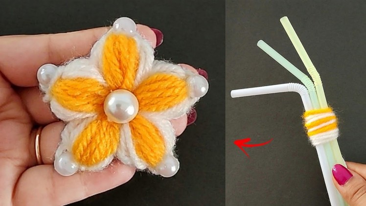 Super Easy Woolen Flower Making using Straw pipe - Hand Embroidery Flower Making Trick - DIY Crafts