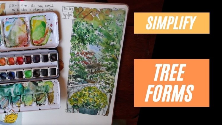 How to Sketch Tree Foliage Forms: Rainy Day Balcony View ???? Pen and Watercolors Full Process Tutorial