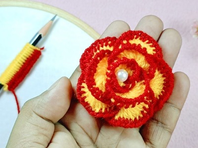 Amazing Woolen Rose Making Idea with Pencil - Hand Embroidery Easy Trick - DIY Woolen Flowers