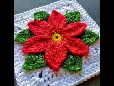 HOW TO CROCHET: Part 2 Poinsettia Square Christmas Flower 3D Granny Petals Leaves for Blanket Shawl