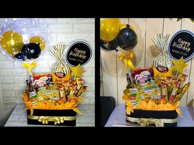 DIY Gift Basket. Snacks Bouquet.Tutorial Gift Basket Ideas.Gift Hampers.Balloon Bucket Snack Box.