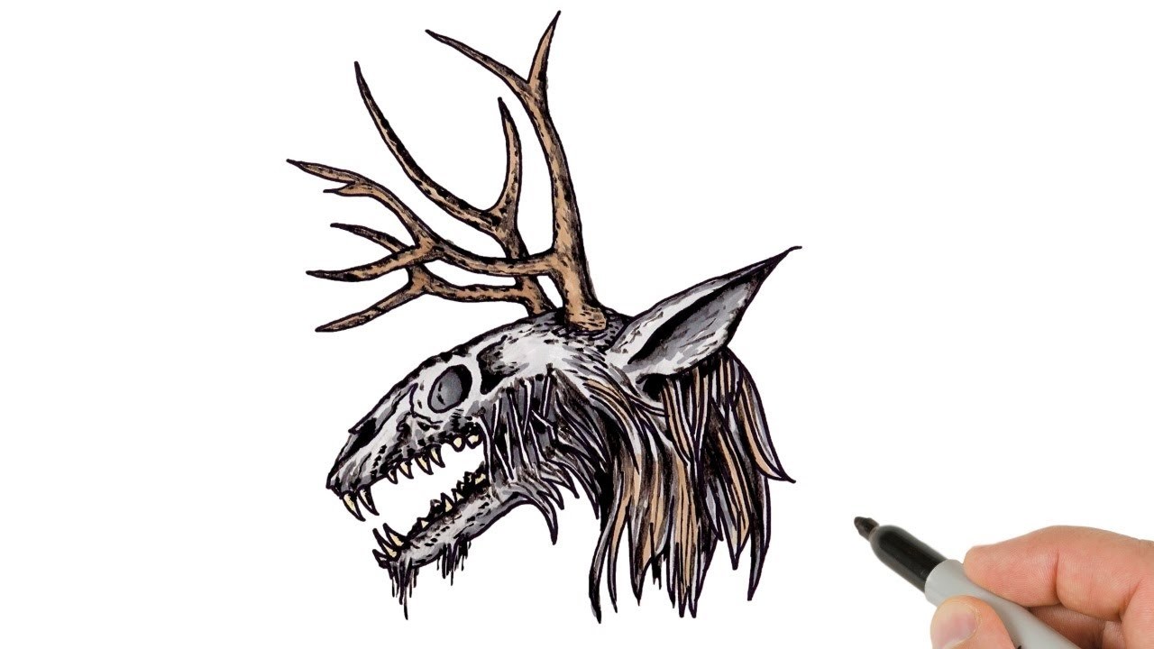 How to Draw Wendigo Skull, Monster Creature Ink Drawing Tutorial