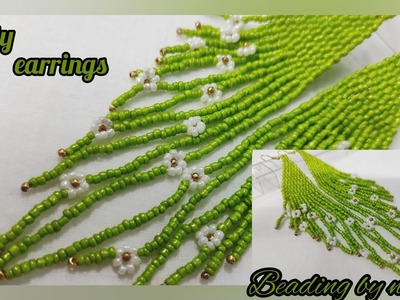 How to green flower earrings. brick stitch and fringe beaded earrings.native American style earrings