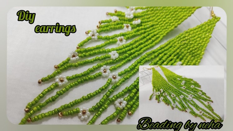 How to green flower earrings. brick stitch and fringe beaded earrings.native American style earrings