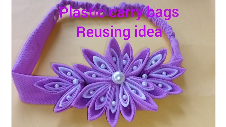 DIY Kanzashi flower head band, How to kanzashi head band making at plastic carry bags ,