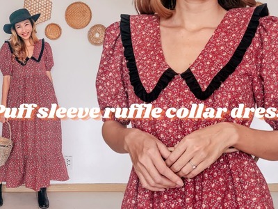 DIY Puff sleeve ruffle collar dress with ruffle hem - Step by step sewing tutorial