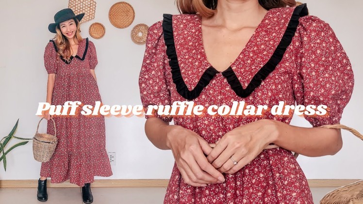 DIY Puff sleeve ruffle collar dress with ruffle hem - Step by step sewing tutorial