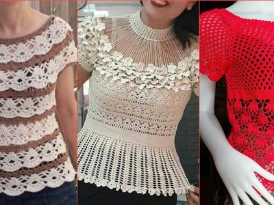 Top  54 Trendy fancy crochet knitted lace flower pattern women fashion top blouse.Boho Peplum vest