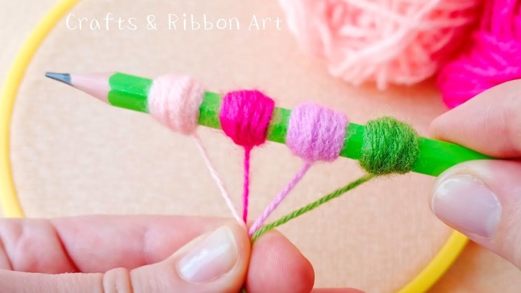 Super Easy Woolen Flower Making Trick Using Pencil - Hand Embroidery Amazing Flower Design