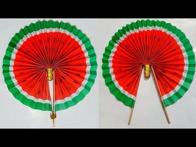 DIY: how to make watermelon Hand Fan (hat pakha) with colour paper easy hand craft tutorial????
