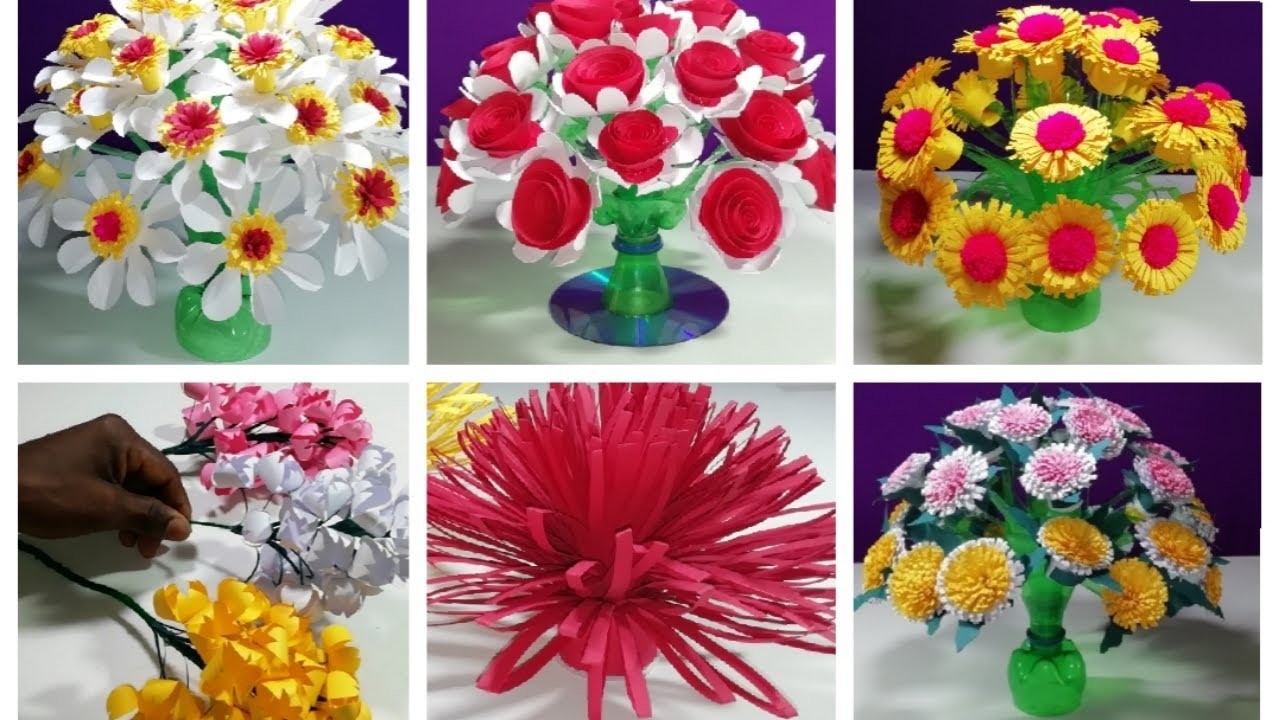 How To Make Beautiful 6 Flowers Make Wonderful Flower From Plastic Bottle Paper Guldasta