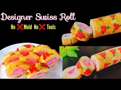 Eggless Designer Swiss roll without any tools & mold. Easy Floral print swiss roll Cake recipe.