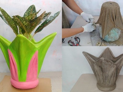 MAKE A DIY DECORATIVE DESIGN POT MADE FROM OLD TOWEL- CEMENT CRAFT IDEAS