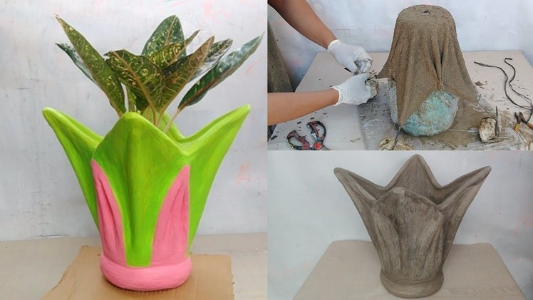 MAKE A DIY DECORATIVE DESIGN POT MADE FROM OLD TOWEL- CEMENT CRAFT IDEAS