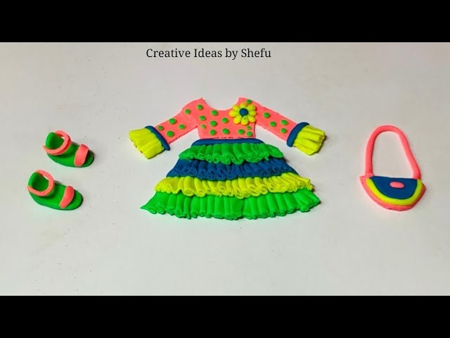 DIY how to make barbie doll dress with polymer clay | miniature barbie doll dress | mini shoe & bag