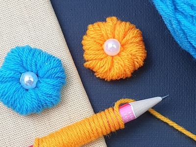 Shorts DIY Woolen Craft Ideas with Pencil - Flower Embroidery - No Crochet Flower - DIY Yarn Studio