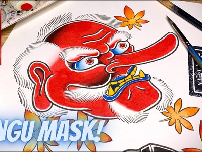 How to draw a Japanese Tengu mask tattoo