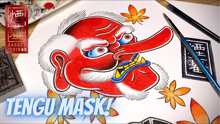How to draw a Japanese Tengu mask tattoo