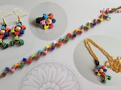 ⚜️Beaded Flower Molecules, Jewelery Set.Earrings.Pendant.Ring.How to make beaded jewelry.Tutorial