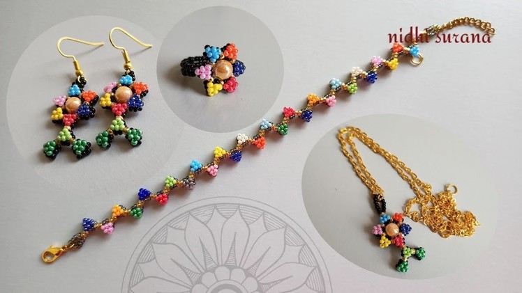 ⚜️Beaded Flower Molecules, Jewelery Set.Earrings.Pendant.Ring.How to make beaded jewelry.Tutorial