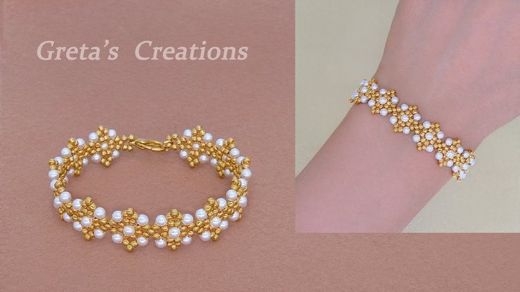 DIY Beaded Bracelet with Gold Seed Beads and Pearls. How to Make Beaded Bracelet. Beading Tutorial