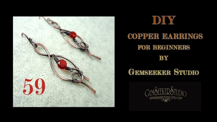 DIY simple earrings with red bead for beginners. Copper wire earrings tutorial.