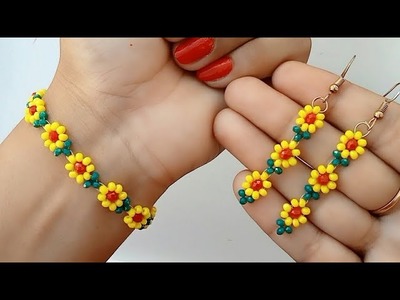 Easy Sunflower Beaded Bracelet.How To Make Bracelet.Easy Beaded Bracelet & Earring.Beading Tuorial