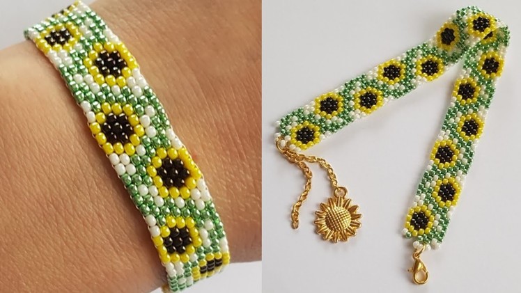Sunflower bracelet.Peyote stitch bracelet.Beaded bracelet with only seed beads.@Diy Beading