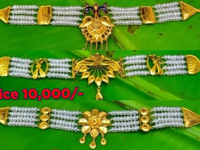 Gold pearl necklace designs with price. moti choker necklace designs with weight and price