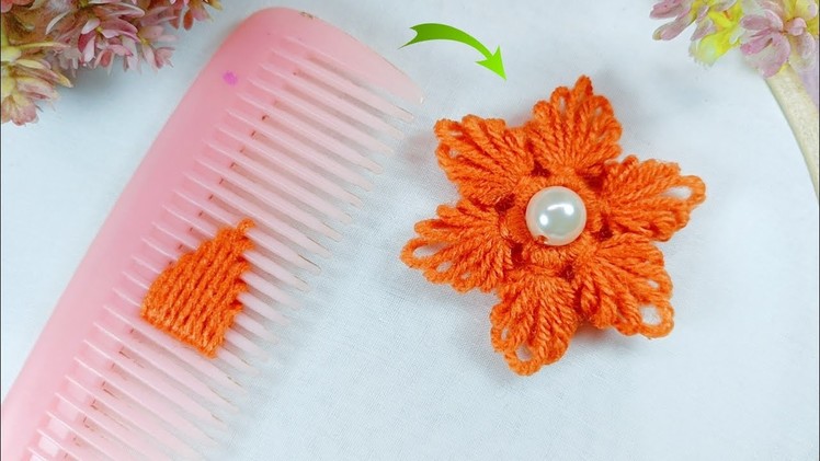 Amazing Hand Embroidery Woolen Flower making with Hair Comb | Easy Sewing Hack | Diy Woolen Flower