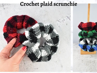 Super easy crochet gingham plaid scrunchie pattern for beginners- trendy Christmas crochet,craft