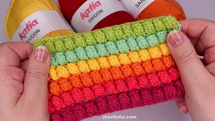 How to crochet rainbow popcorn stitch for blanket or bag simple tutorial by marifu6a