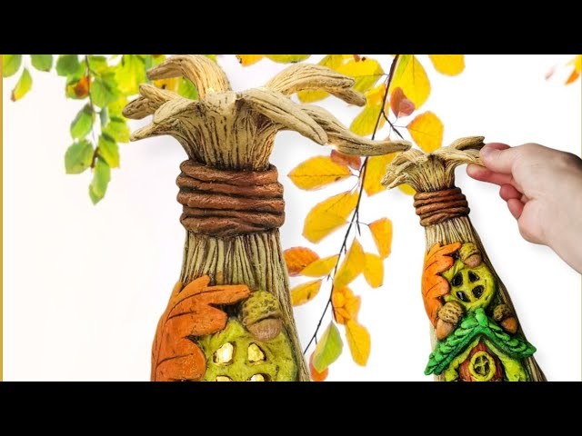 Autumn. Cornstalk Fairy House DIY Using Glass Bottle and Homemade Clay, Thanksgiving Craft Idea