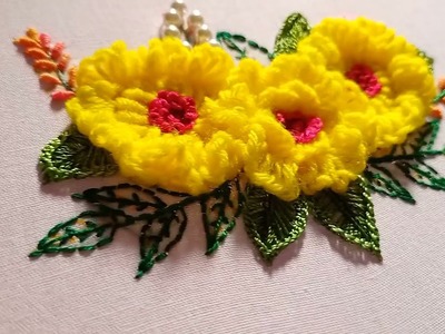 Brazilian embroidery beautiful garden yellow flowers.Hand embroidery.