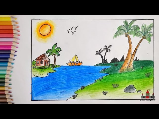 How to draw a beautiful kerala scenery step by step| easy drawing for kids #keralascenery