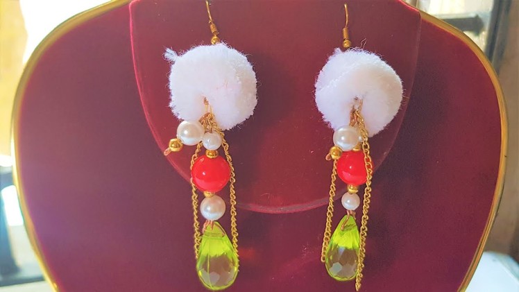 Pom pom earrings.Pom pom dangle earrings.making pompom with pearl earring.Earrings.pom poms