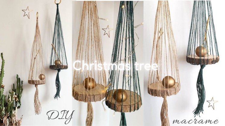 DIY macrame cone Christmas tree, minimalist 3D hanging tree, jute and wood slice, esthetic decor