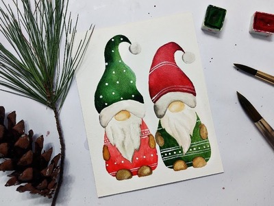 How to paint Holiday Gnomes in WATERCOLOR » Easy DIY Christmas cards for beginners STEP BY STEP