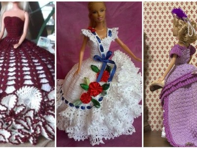 Most adorable crochet Barbie long ruffle frill Dress. Beautiful evening gowns for dolls