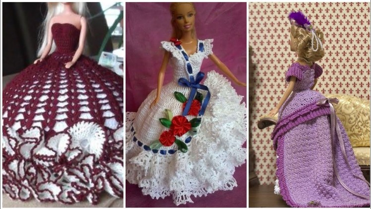 Most adorable crochet Barbie long ruffle frill Dress. Beautiful evening gowns for dolls